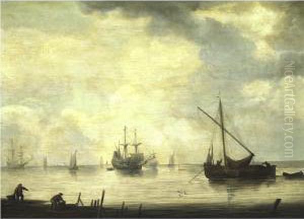 View Of A Harbor Oil Painting by Simon De Vlieger