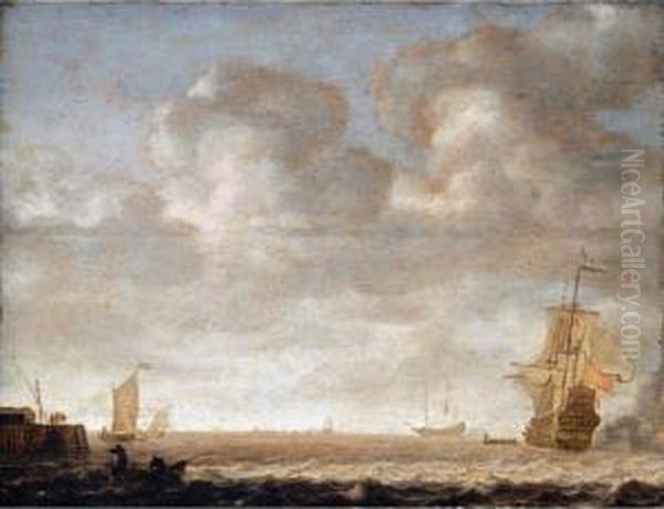 An Estuary Scene, With A Man O' 
War Firing A Salute To The Right And Small Vessels Off A Jetty To The 
Left Oil Painting by Simon De Vlieger