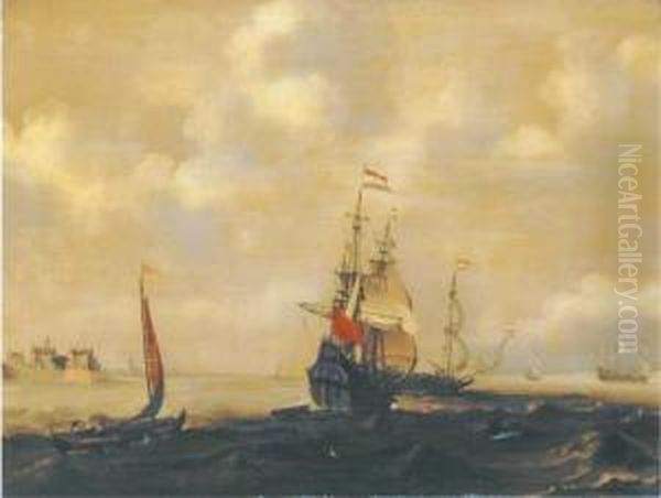 A Dutch Three-master And Other Shipping In A Breeze, A City In Thedistance Oil Painting by Simon De Vlieger