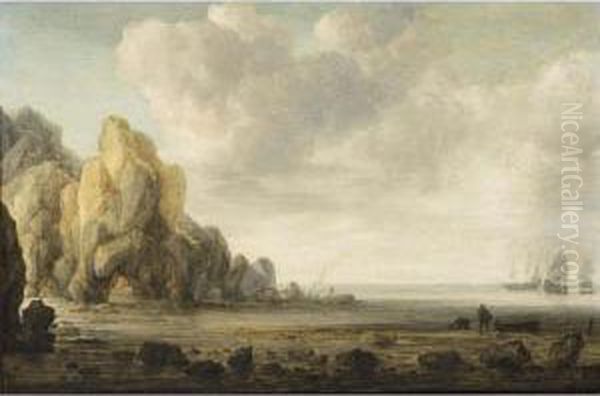 An Estuary Scene With A Rocky 
Coastline On The Left And Fishermen On The Shore, Men-'o-war In The 
Background Oil Painting by Simon De Vlieger