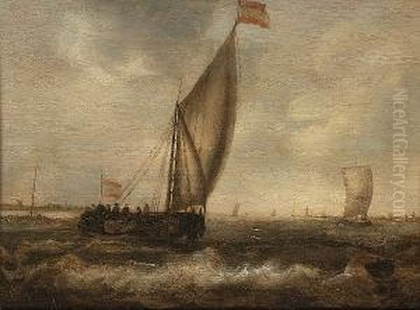 Dutch Pinks In Choppy Waters Off A Coastline Oil Painting by Simon De Vlieger