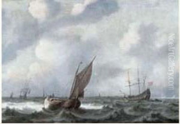 Barques Et Navires Hollandais Dans Une Mer Agitee Oil Painting by Simon De Vlieger