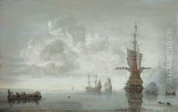 The Squadron Of Admiral Maarten 
Van Tromp Preparing To Make Sail, The Flagship Aemilia Firing A Salute 
For The Admiral In His Barge Oil Painting by Simon De Vlieger