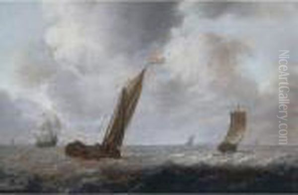 Fishing Boats And Other Vessels Offshore In A Choppy Sea Oil Painting by Simon De Vlieger