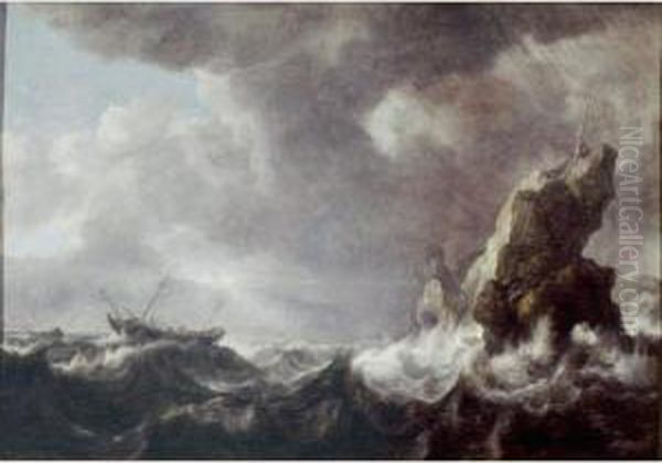 A Ship In Distress In Stormy Seas Oil Painting by Simon De Vlieger