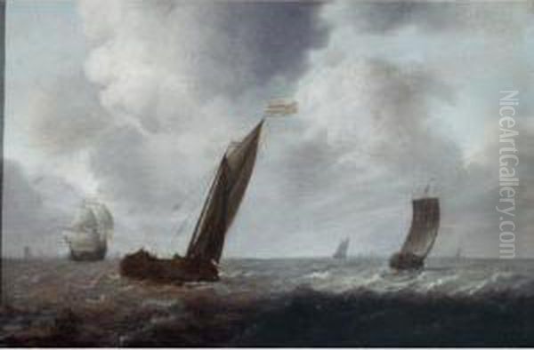 Fishing Boats And Other Vessels Offshore In A Choppy Sea Oil Painting by Simon De Vlieger