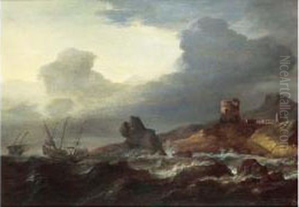 Marine Sur Une Cote Rocheuse Oil Painting by Simon De Vlieger