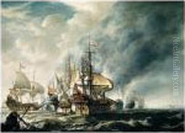 Signed On The Stern Of The Central Ship: S De Vlieger Oil Painting by Simon De Vlieger