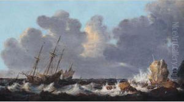 A Stormy Seascape With A Shipwreck Oil Painting by Simon De Vlieger