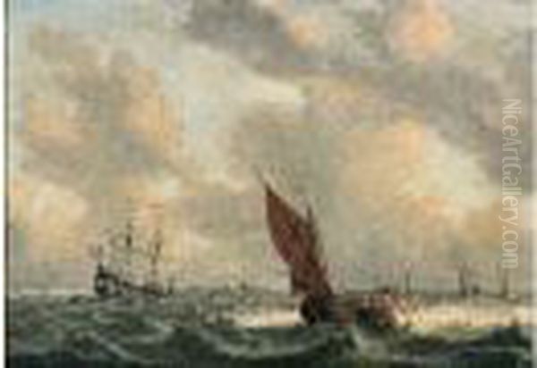 Barque Et Navire Hollandais Dans Une Mer Agitee Oil Painting by Simon De Vlieger