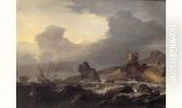 Tempete Pres D'une Cote Rocheuse Oil Painting by Simon De Vlieger