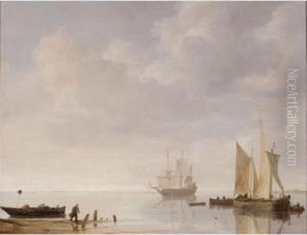 Coastal Scene With Ships Resting On Calm Waters Oil Painting by Simon De Vlieger