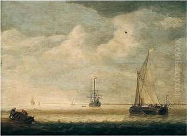 Dutch Coastal Vessels In A River
 Estuary With Fishermen Hauling Their Boat Ashore In The Foreground Oil Painting by Simon De Vlieger