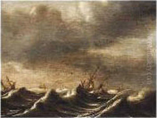 A Stormy Seascape Oil Painting by Simon De Vlieger