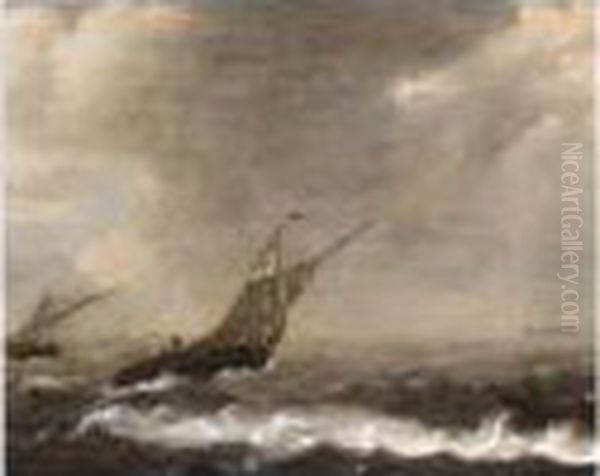 Sailing Vessels In Stormy Seas Oil Painting by Simon De Vlieger