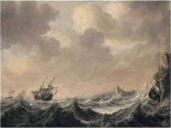 A Seascape With Men-of-war In A Stormy Sea Oil Painting by Simon De Vlieger