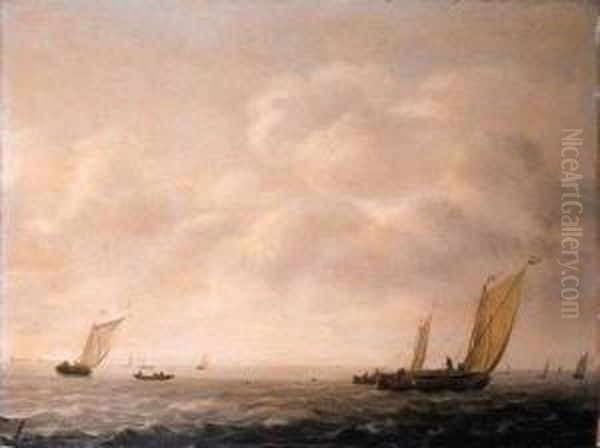 Wijdships Offshore Running In A Stiff Breeze, On A Cloudy Day Oil Painting by Simon De Vlieger