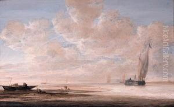 A Calm: Fishermen At Work On A 
Sandbank With A Wijdschipapproaching A Harbour Nearby, Other Shipping 
Beyond, At Dawn Oil Painting by Simon De Vlieger