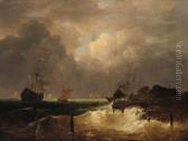 A Coastal Landscape With Dutch Frigates In A Swell Offshore Oil Painting by Simon De Vlieger