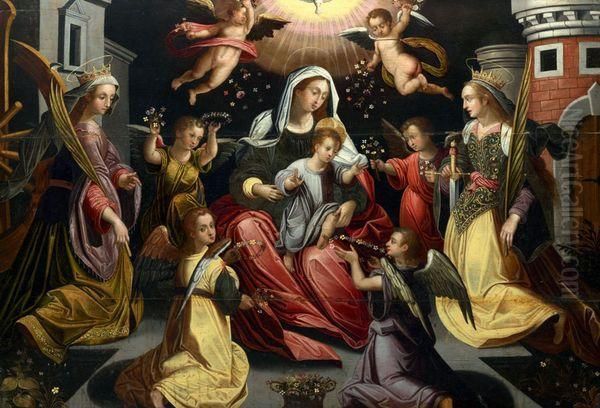 Vierge A L'enfant Entouree 
D'anges Tenant Des Fleurs, Saintecatherine D'alexandrie Et Sainte Barbe Oil Painting by Maarten de Vos