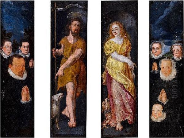 A Polyptych. Central Panels: 
Saint John Thebaptist And Saint Martha; Left Wing: A Male Donor With His
 Sons;right Wing: A Female Donor With Her Daughters Oil Painting by Maarten de Vos