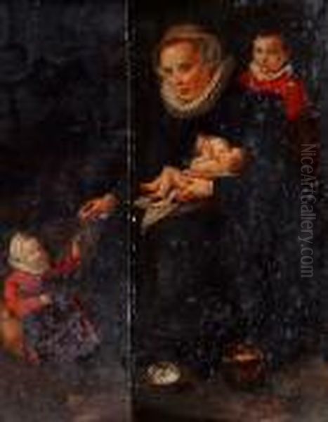 Portrait Of A Lady With Her Three Children Inan Interior Oil Painting by Maarten de Vos