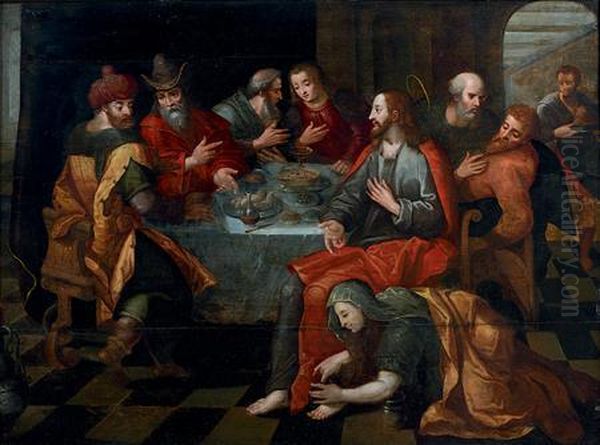 Le Repas Chez Simon, Marie-madeleine Au Pied Du Christ Oil Painting by Maarten de Vos