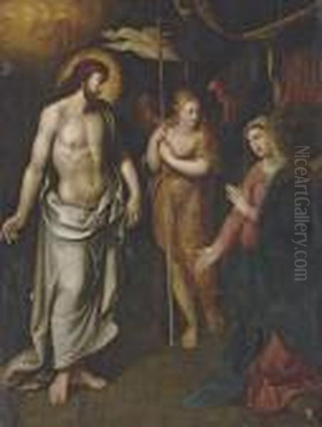 The Risen Christ, With The Angel Of The Resurrection And Thevirgin Oil Painting by Maarten de Vos