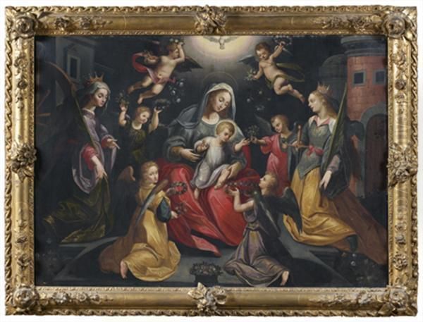 Vierge A L'enfant Entouree De Sainte Catherine D'alexandrie, Sainte Barbe Et Des Anges Oil Painting by Maarten de Vos