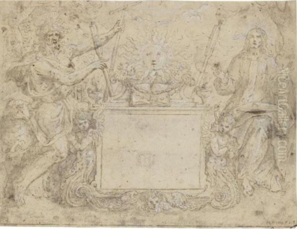 Christ And St John The Baptist 
Standing Either Side Of An Altar, With The Sun Rising Behind: A Design 
For A Title Page Oil Painting by Maarten de Vos