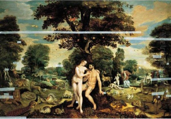 The Garden Of Eden, With The 
Fall Of Man In The Foreground, The Creation Of Eve, And The Expulsion 
From The Garden Beyond Oil Painting by Maarten de Vos