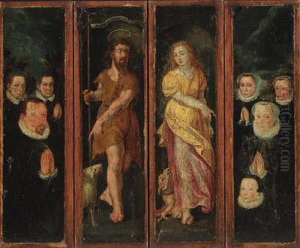 Saint John The Baptist And Saint
 Margret With Donors - A Set Offour Compartments From An Altarpiece Oil Painting by Maarten de Vos