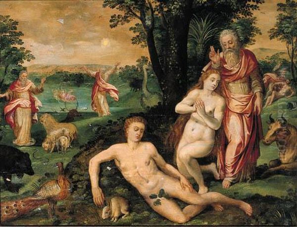 The Creation Of Eve, With The Creation Of The Sky, The Earth, Theanimals And Adam Beyond Oil Painting by Maarten de Vos