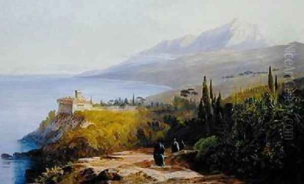 Mount Athos and the Monastery of Stavroniketes Oil Painting by Edward Lear