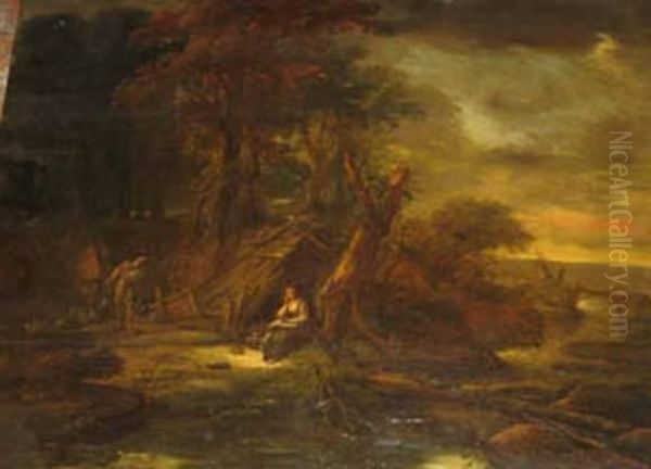 Couple In A Wild Romantic Landscape Oil Painting by Jacob Willemsz de Wet the Elder