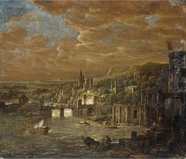 A Panoramic View Of An Italian City With Classical Buildings Along A River Oil Painting by Jacob Willemsz de Wet the Elder