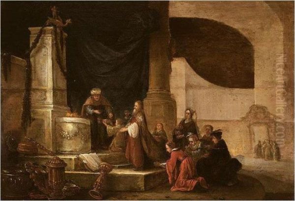 Figures Offering A Sacrifice In A Temple Oil Painting by Jacob Willemsz de Wet the Elder