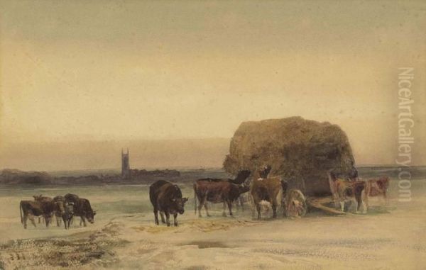 Cattle By A Haycart, A Church Beyond, In The Lincolnshirewolds Oil Painting by Peter de Wint