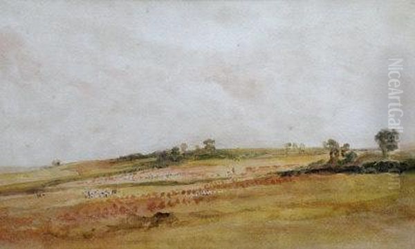 An Extensive Wooded Landscape With Harvesters And Cornfields Oil Painting by Peter de Wint