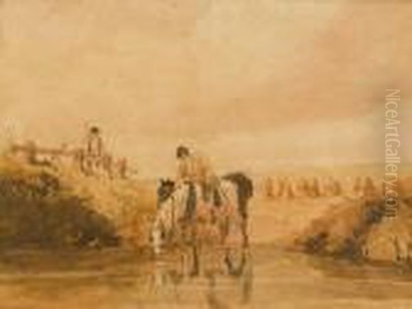 Figures And Horses Watering Oil Painting by Peter de Wint