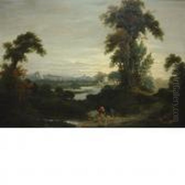 Figures In A River Landscape,a Town In The Distance Oil Painting by Peter de Wint