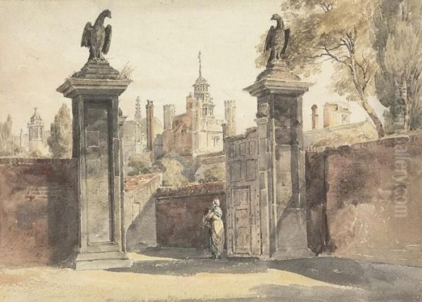 View Of The Gates Of St John's College, Cambridge With Trinitycollege Beyond Oil Painting by Peter de Wint