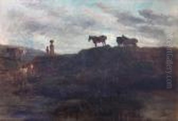 'country Scene' With Mother And 
Child, Andponies On A Hill Top, And Men Working At A Stream Oil Painting by Peter de Wint