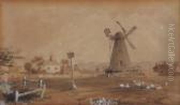 Windmill In Landscape Oil Painting by Peter de Wint