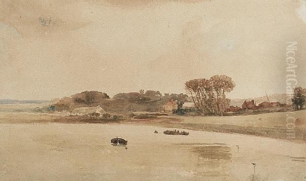 A River Scene With Houses Beyond Oil Painting by Peter de Wint