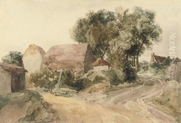 Farm Buildings At A Fork On A Country Lane Oil Painting by Peter de Wint