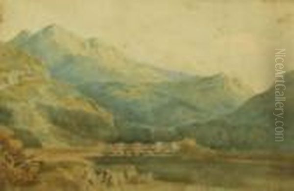 Figures In A Welsh Mountain Landscape Oil Painting by Peter de Wint