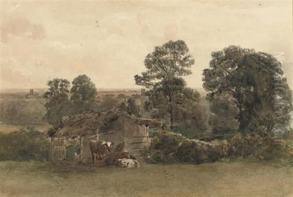 Cattle Oustide A Cowshed In A Rural Landscape Oil Painting by Peter de Wint