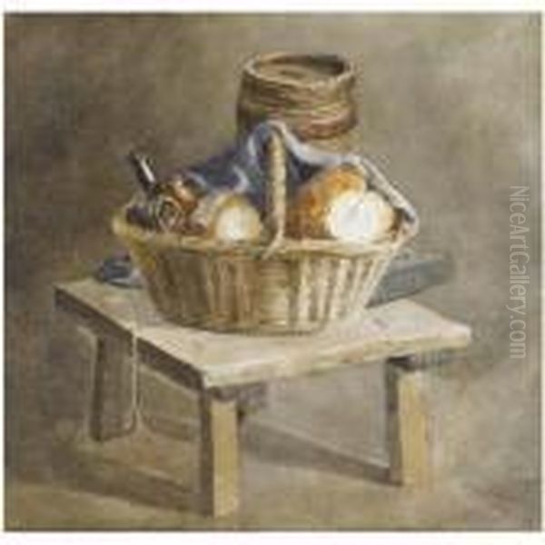 Still Life With Basket, Bread, Bottles And A Keg By A Table Oil Painting by Peter de Wint