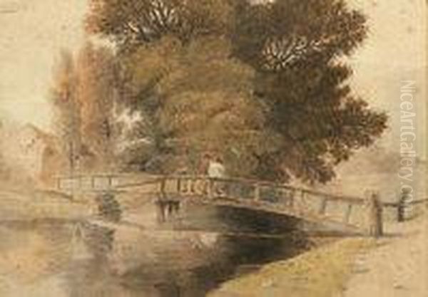 Figures On A Bridge In A Wooded River Landscape Oil Painting by Peter de Wint